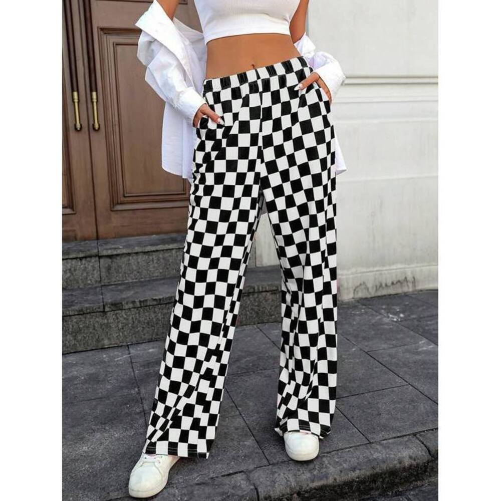 INAWLY Women's Checkerboard Pocket Decor Straight Loose Casual Pants Fall Cloth